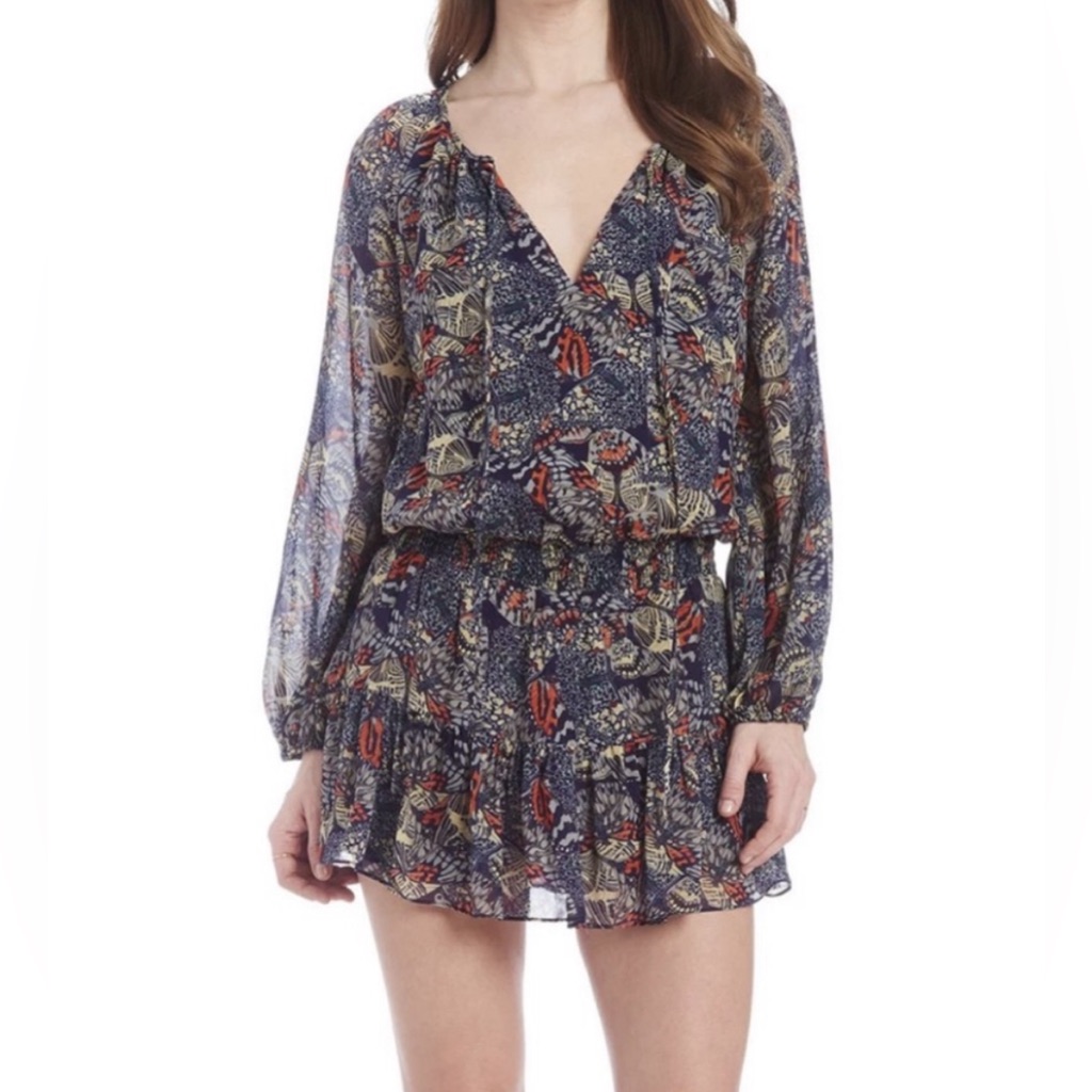 Amanda Uprichard Charleigh Ruffled Blue Chrysalis Butterfly Print Romper Xs